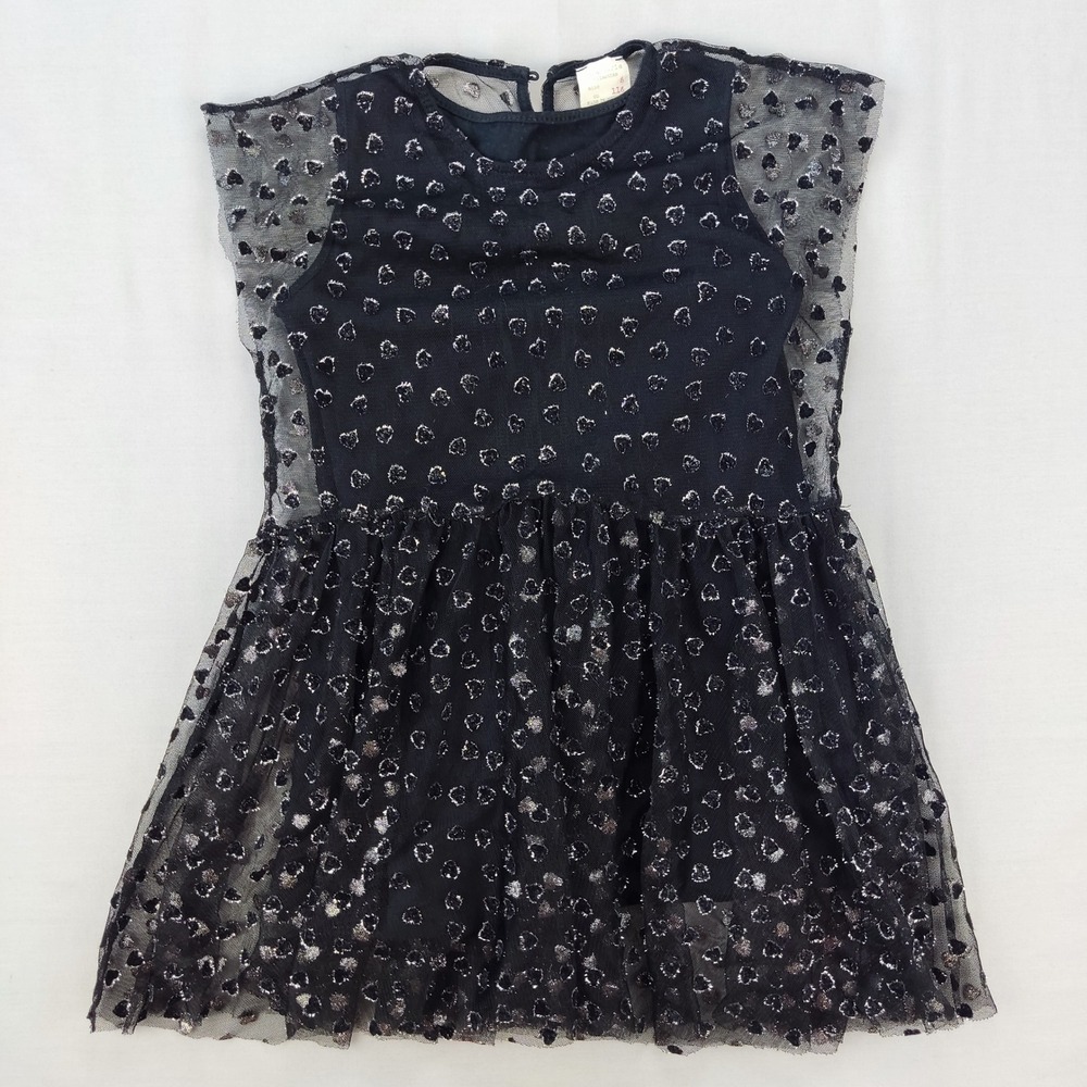 Zara Dress Girls‎ 6 Black Heart Print Tulle Overlay Sparkle Party Sleeveless